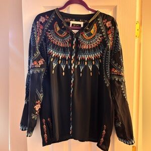 Johnny Was Black Silk Blouse with Colorful Embroidery